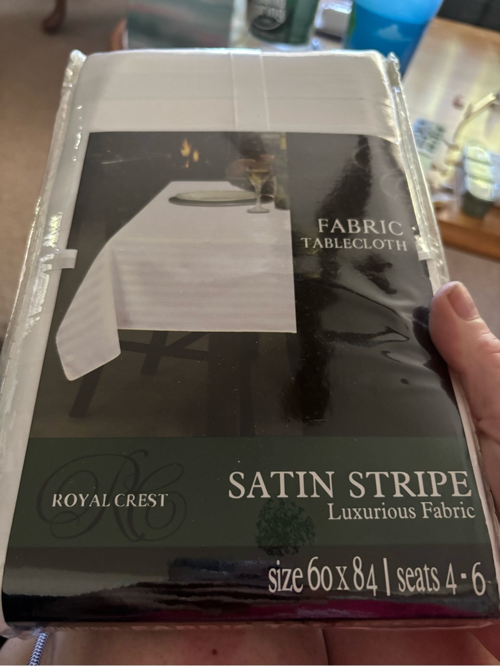 NWT Vintage Royal Crest Satin Stripe Fabric White Tablecloth 60x84